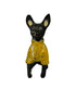 Xolo mini negro sentado de frente sueter amarillo
